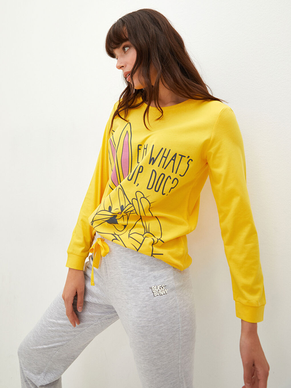 Gri Bisiklet Yaka Bugs Bunny Baskılı Uzun Kollu Kadın Pijama Takımı-2