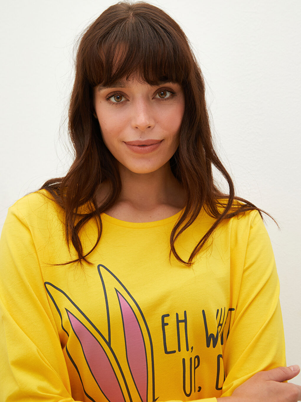 Gri Bisiklet Yaka Bugs Bunny Baskılı Uzun Kollu Kadın Pijama Takımı-3