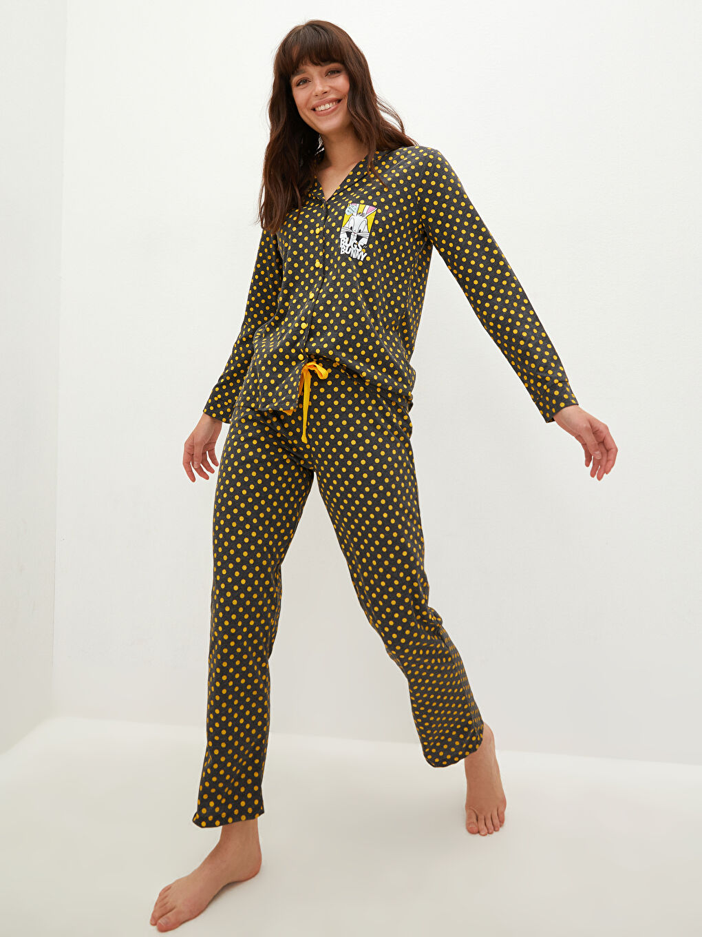 Antrasit Gömlek Yaka Bugs Bunny Baskılı Uzun Kollu Kadın Pijama Takımı-2