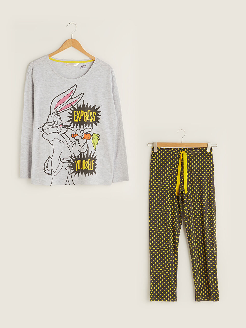 Пижамный комплект с круглым вырезом, с принтом Багз Банни, с длинным рукавом для женщин-5