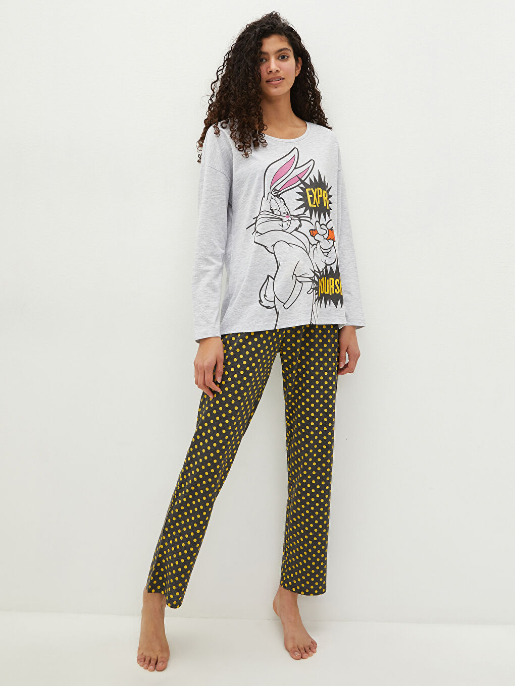 Пижамный комплект с круглым вырезом, с принтом Багз Банни, с длинным рукавом для женщин-2
