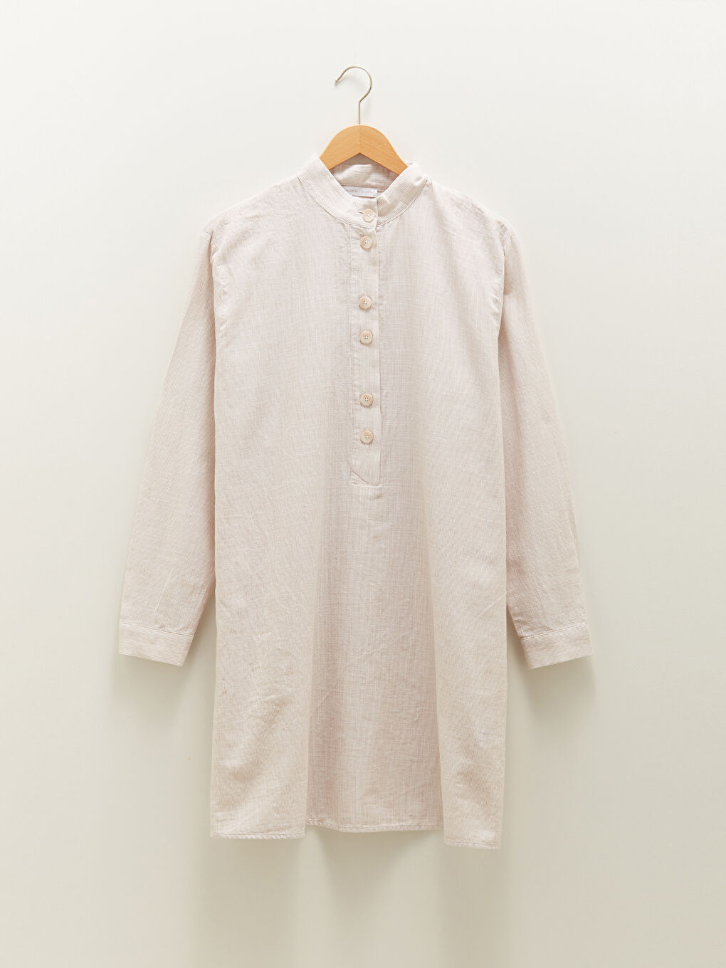 Bej Dik Yaka Çizgili Uzun Kollu Pamuklu Kadın Tunik-6