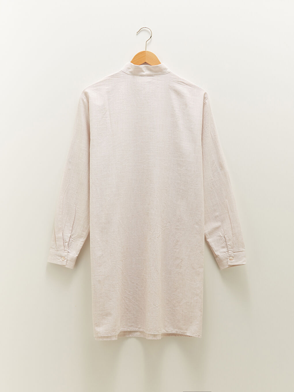 Bej Dik Yaka Çizgili Uzun Kollu Pamuklu Kadın Tunik-7