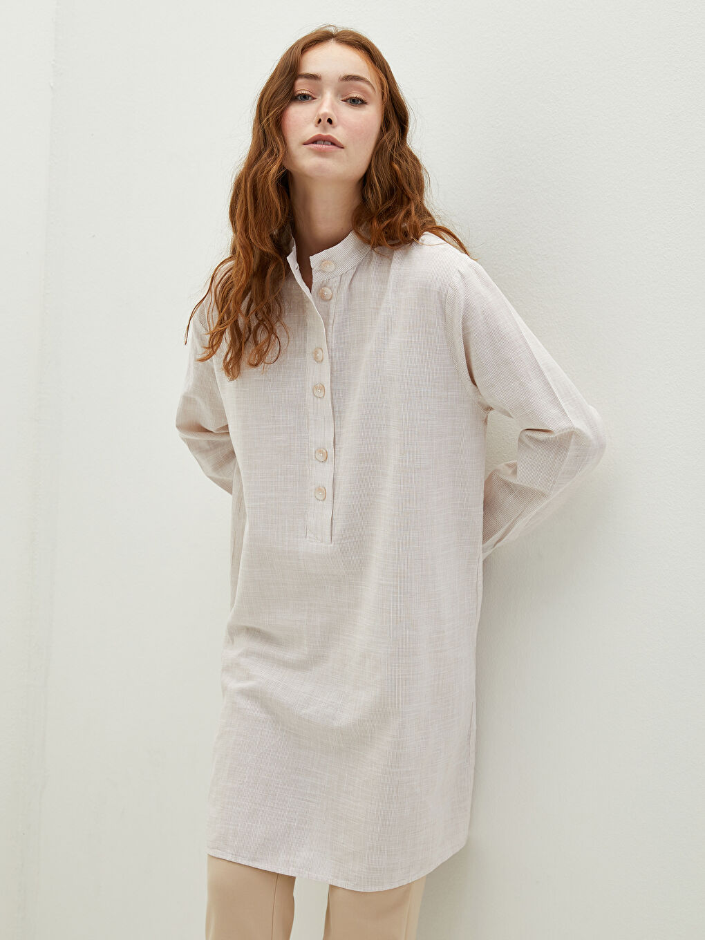 Bej Dik Yaka Çizgili Uzun Kollu Pamuklu Kadın Tunik-2