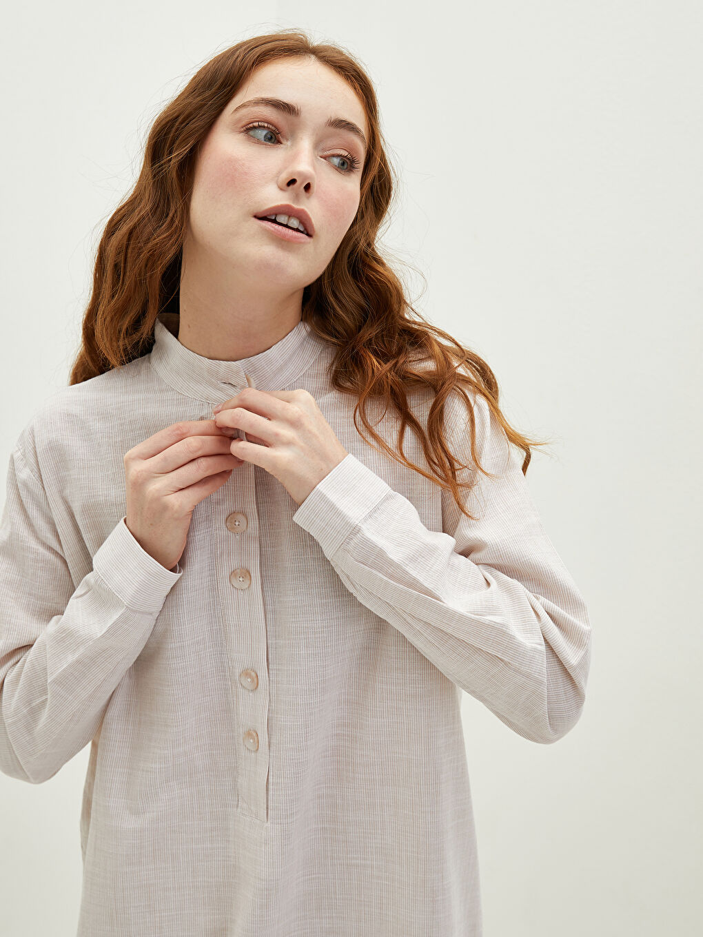 Bej Dik Yaka Çizgili Uzun Kollu Pamuklu Kadın Tunik-3