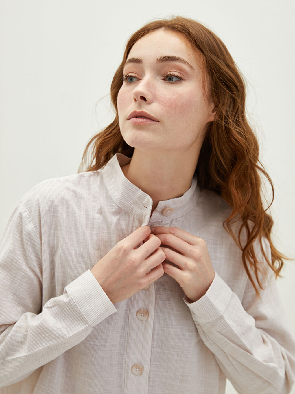 Bej Dik Yaka Çizgili Uzun Kollu Pamuklu Kadın Tunik-4