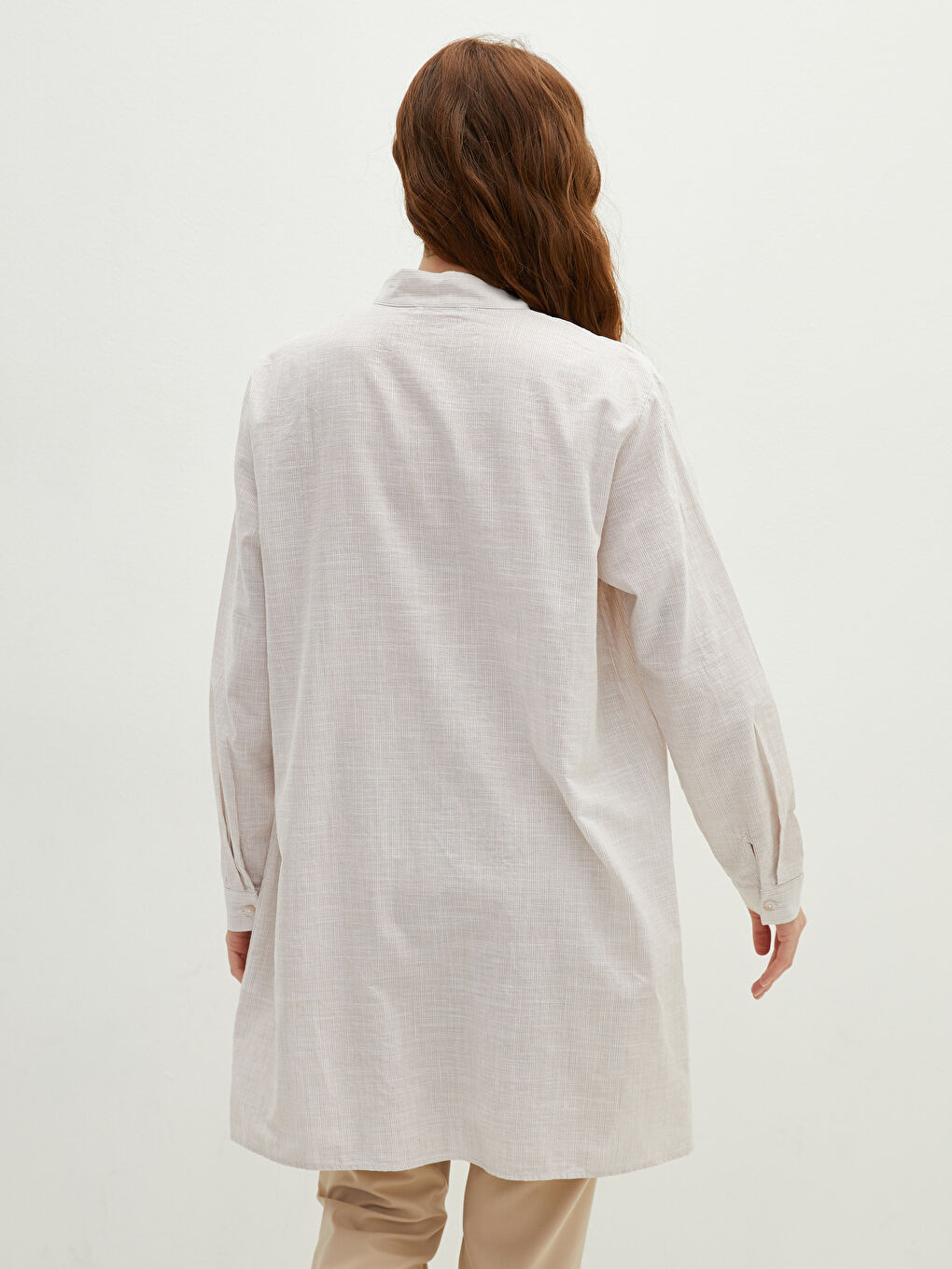 Bej Dik Yaka Çizgili Uzun Kollu Pamuklu Kadın Tunik-5