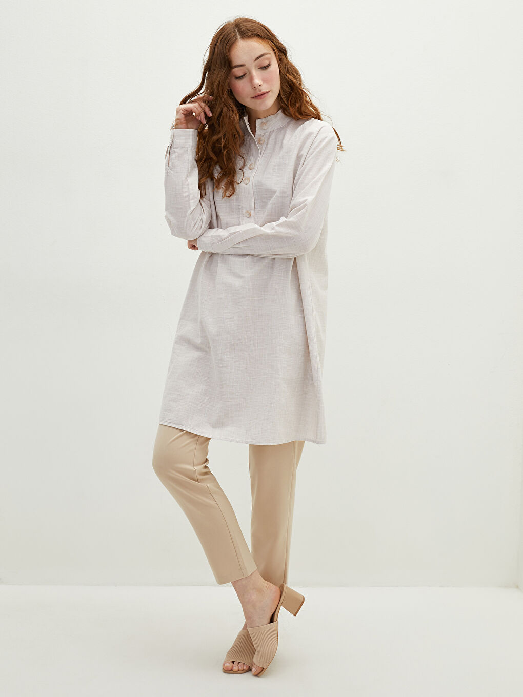 Bej Dik Yaka Çizgili Uzun Kollu Pamuklu Kadın Tunik-1