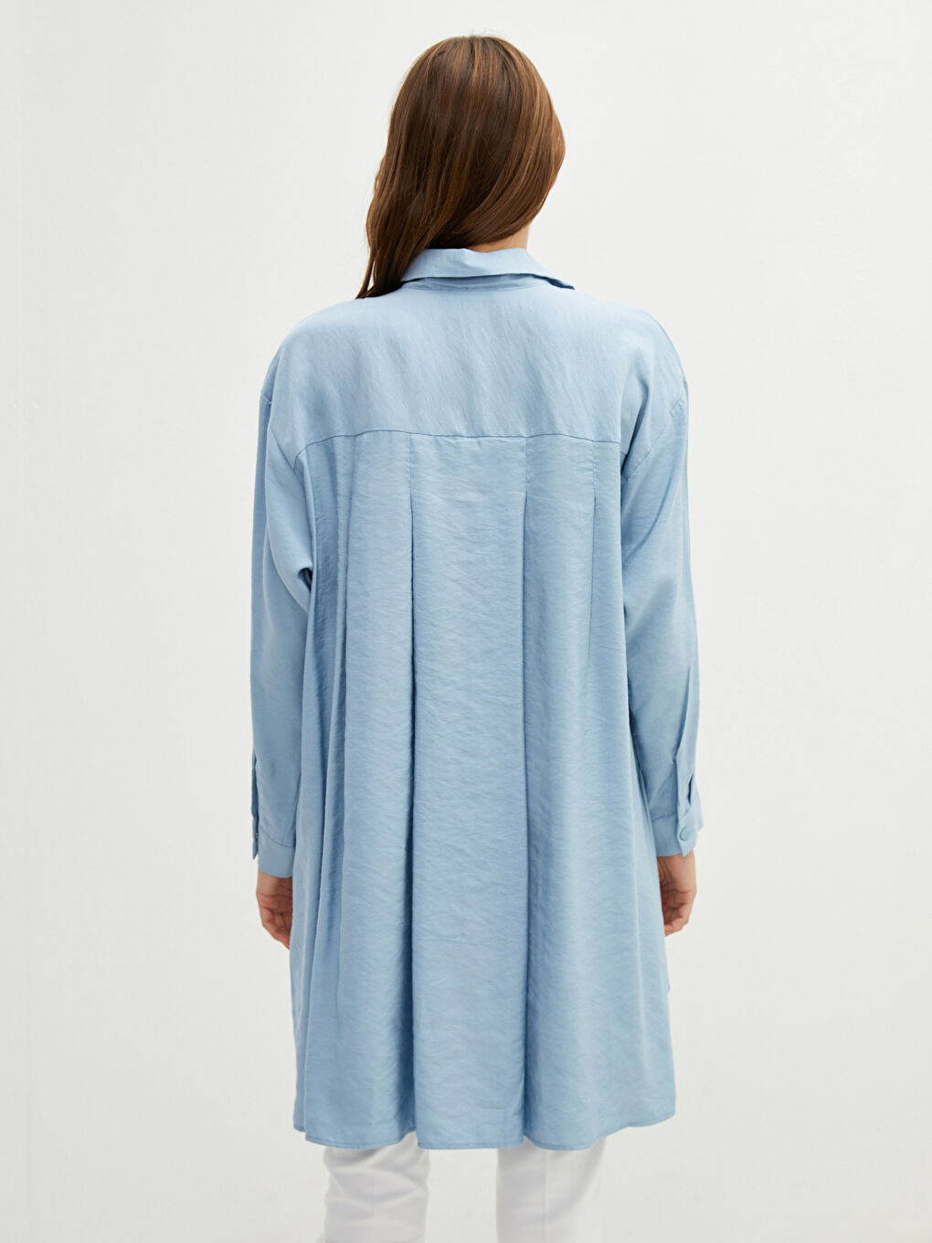 Mavi Düz Uzun Kollu Modal Karışımlı Kumaş Kadın Gömlek Tunik-4