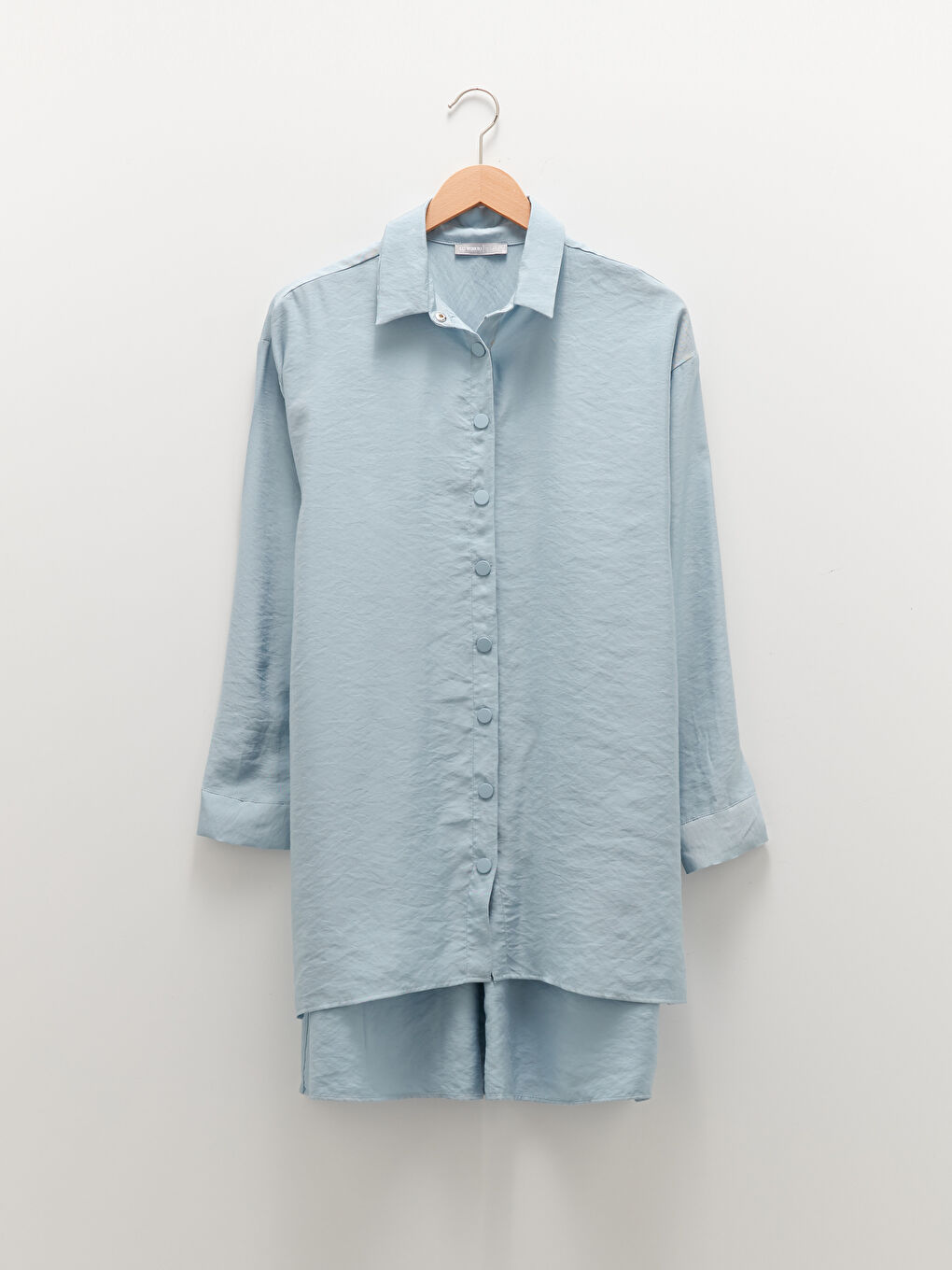 Mavi Düz Uzun Kollu Modal Karışımlı Kumaş Kadın Gömlek Tunik-5