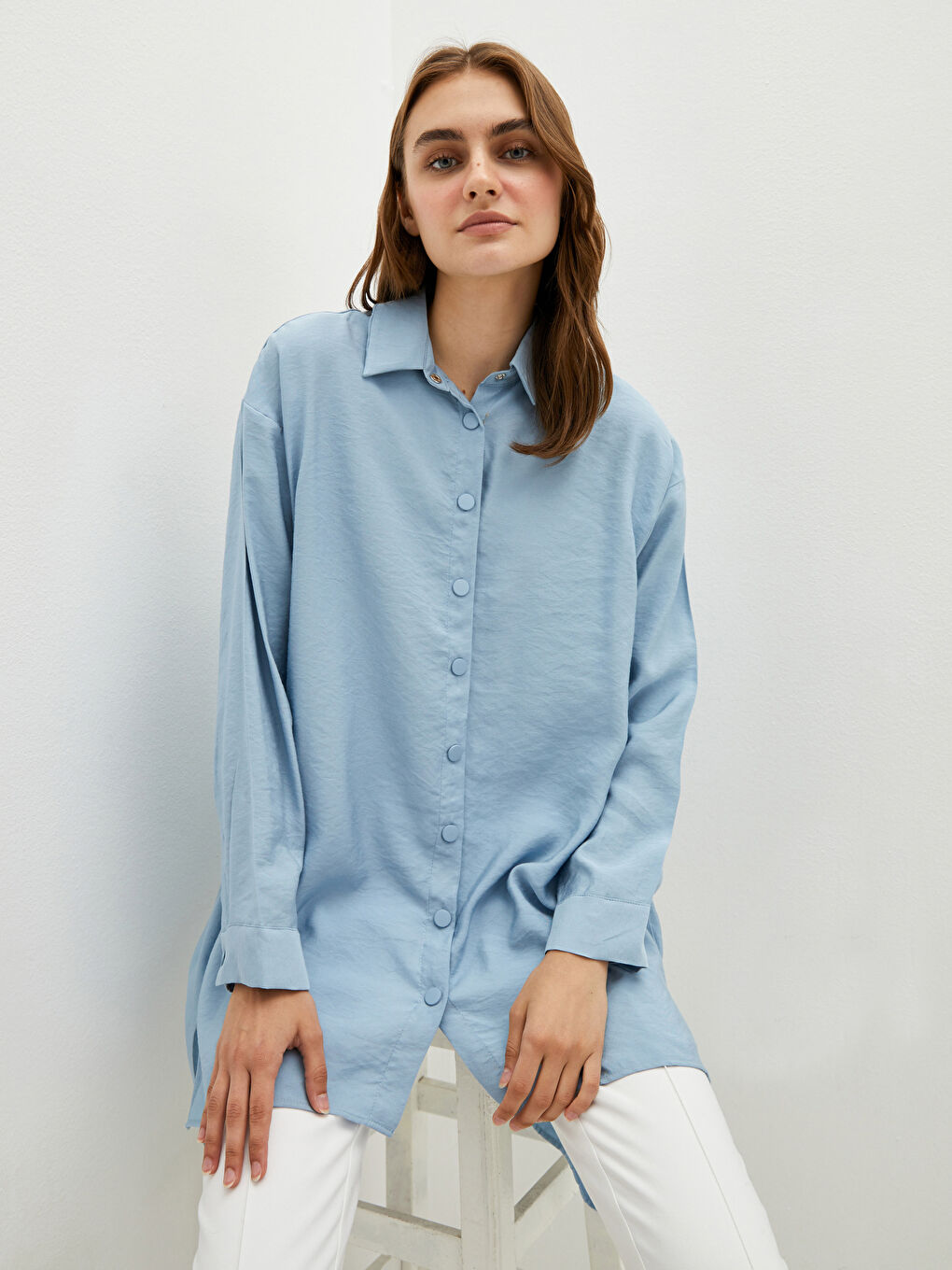 Mavi Düz Uzun Kollu Modal Karışımlı Kumaş Kadın Gömlek Tunik