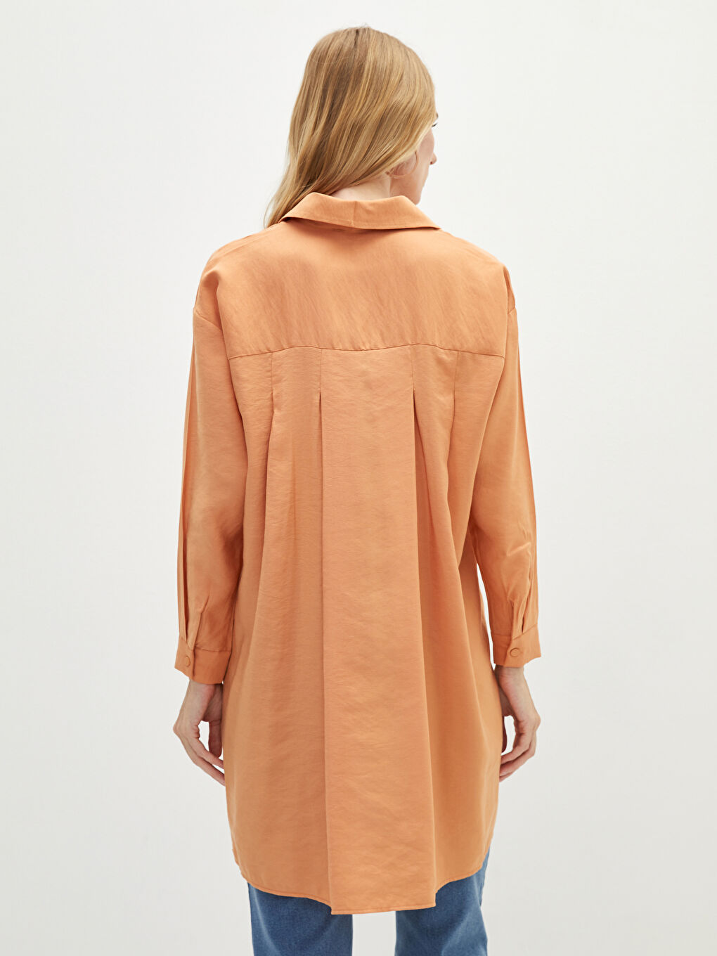 Turuncu Düz Uzun Kollu Modal Karışımlı Kumaş Kadın Gömlek Tunik-4