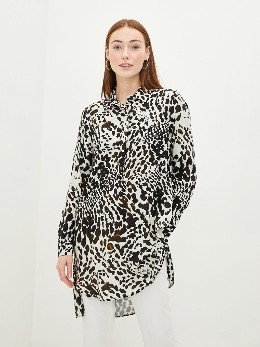 Ekru Desenli Uzun Kollu Viskon Kadın Gömlek Tunik