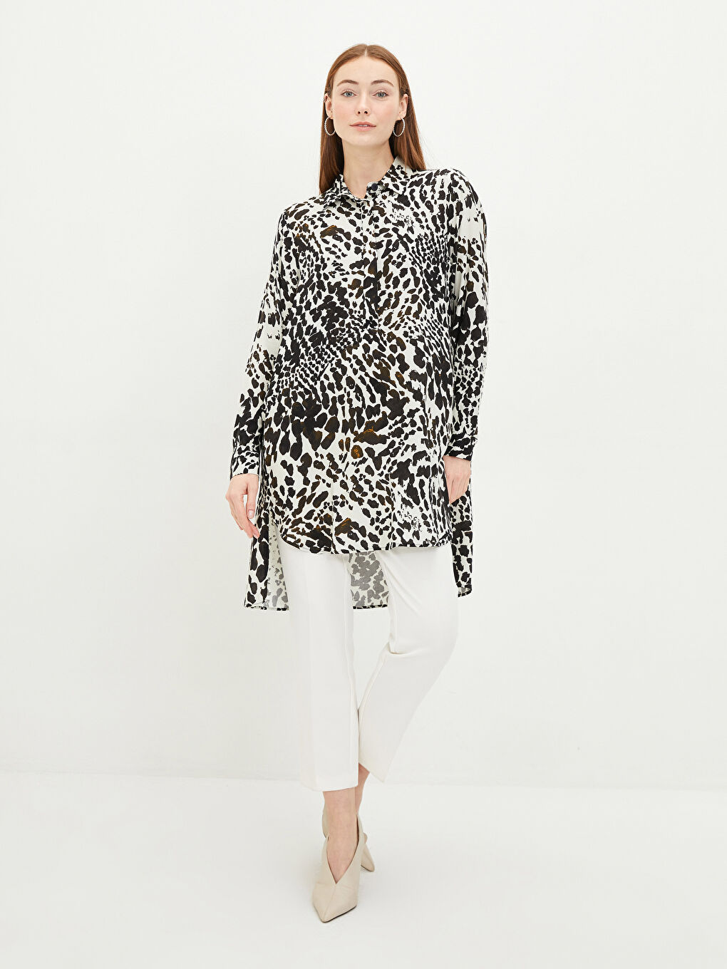 Ekru Desenli Uzun Kollu Viskon Kadın Gömlek Tunik-1