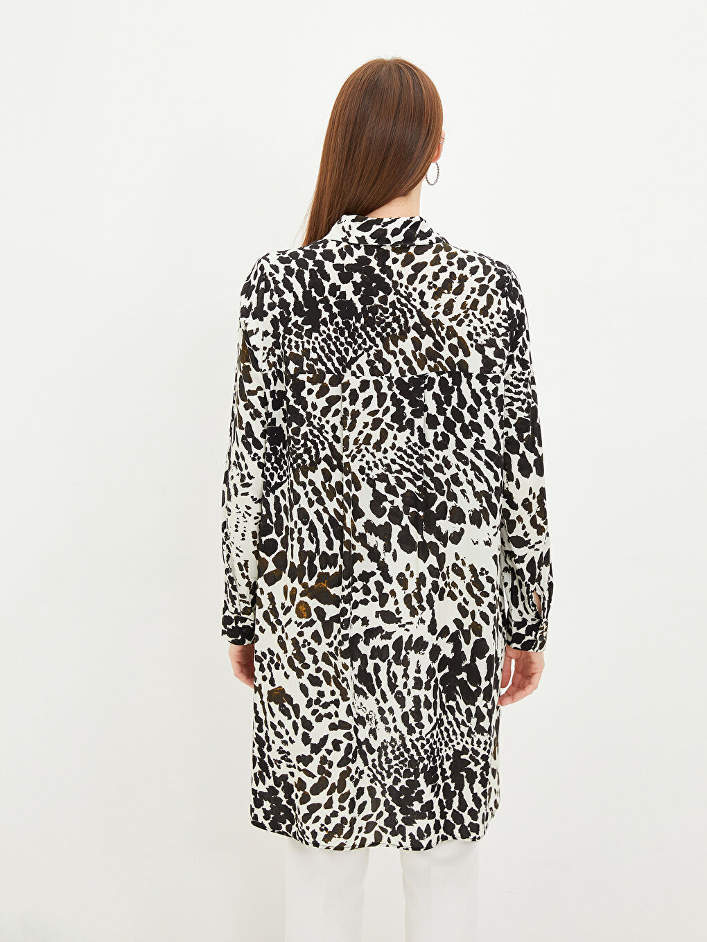 Ekru Desenli Uzun Kollu Viskon Kadın Gömlek Tunik-4