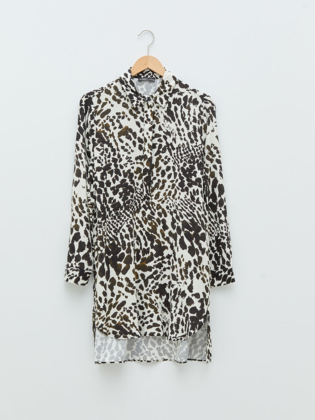 Ekru Desenli Uzun Kollu Viskon Kadın Gömlek Tunik-5