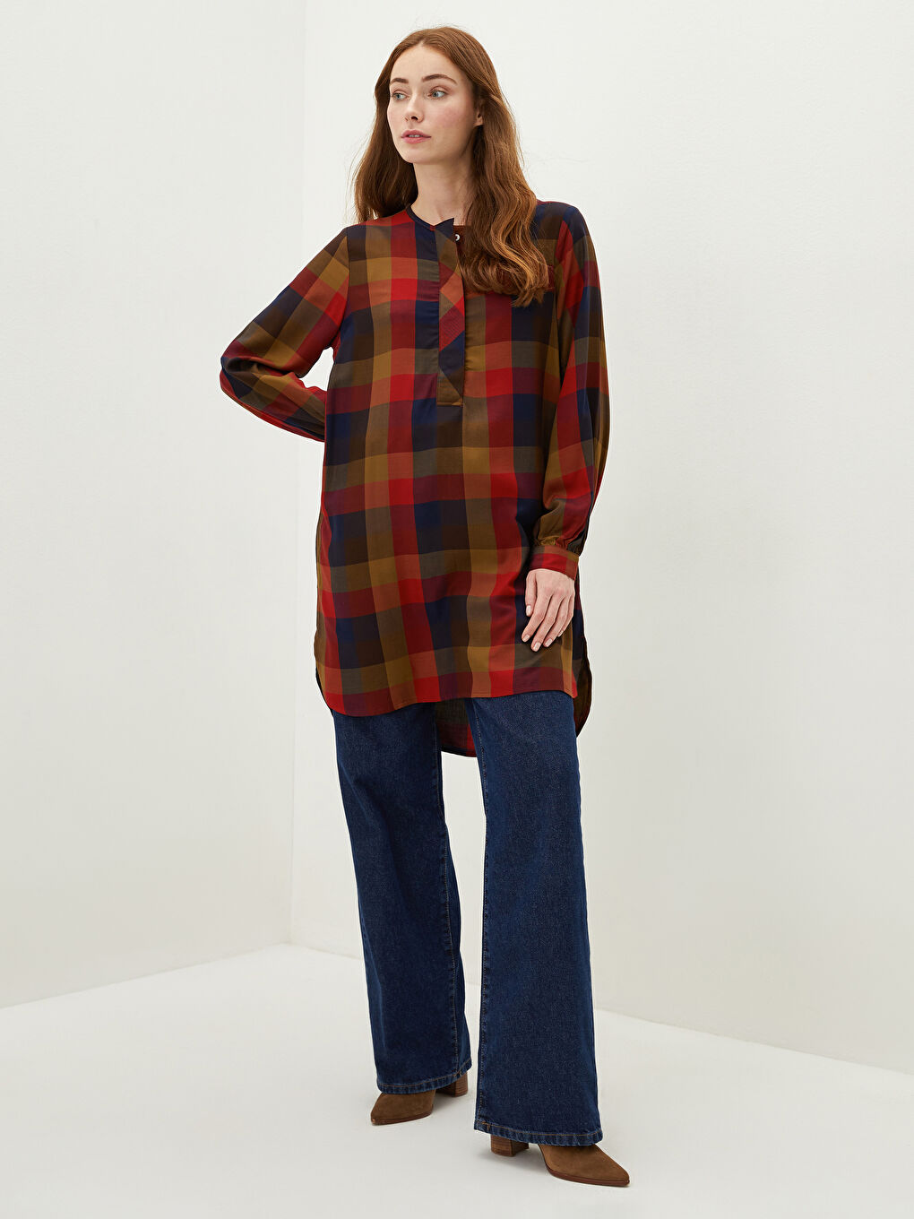 Tunique pour Femmes à Col Rond Écossais Manches Longues en Viscose-2