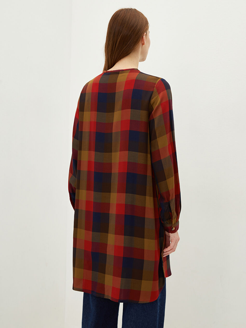 Tunique pour Femmes à Col Rond Écossais Manches Longues en Viscose-4