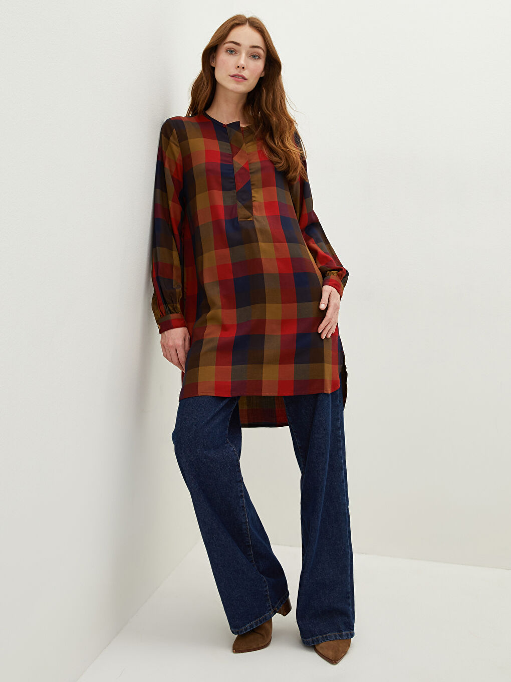 Tunique pour Femmes à Col Rond Écossais Manches Longues en Viscose