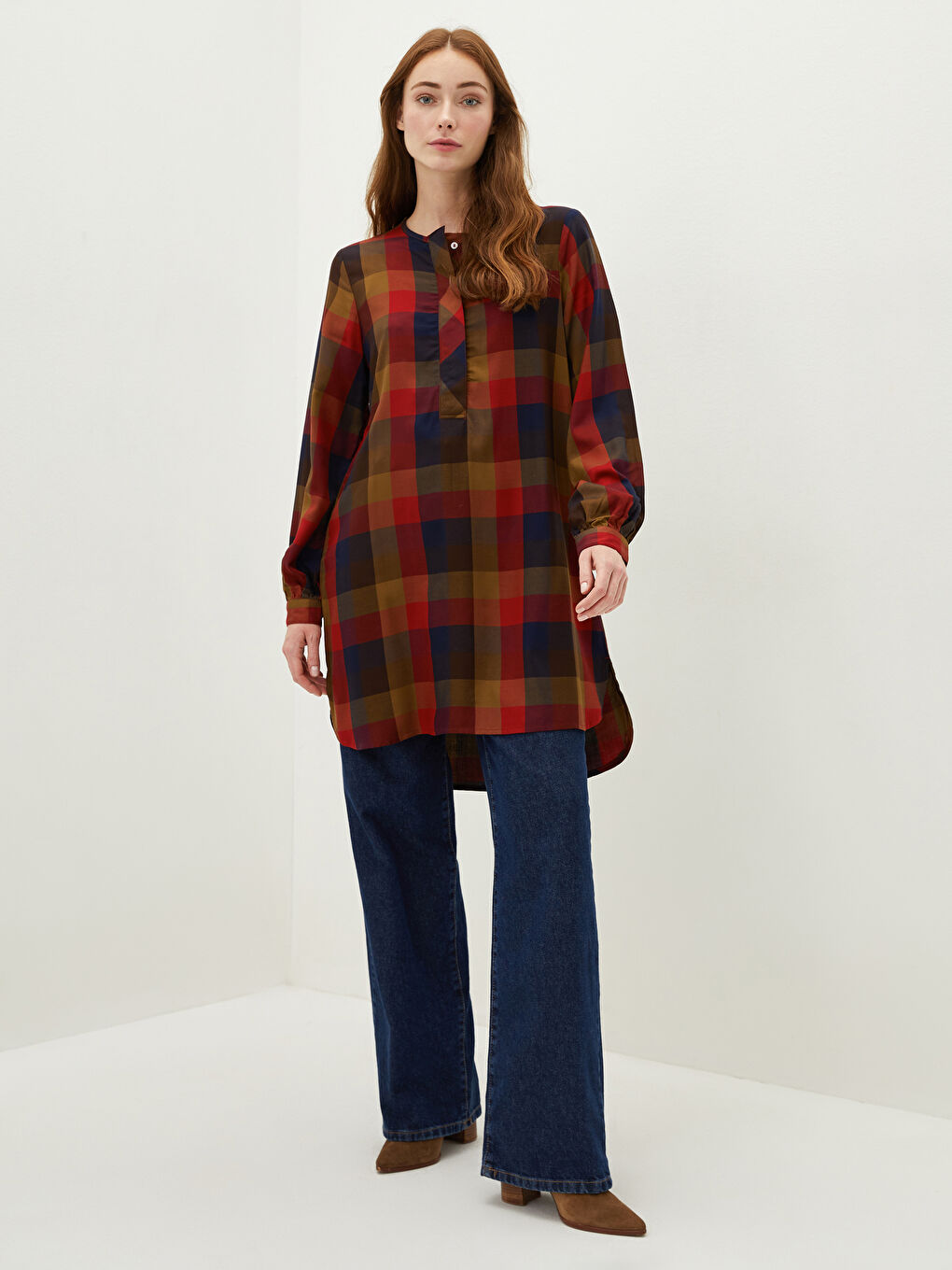 Tunique pour Femmes à Col Rond Écossais Manches Longues en Viscose-1