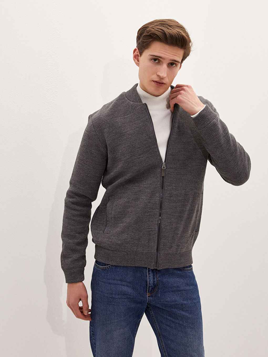 Gri Standart Kalıp Kolej Yaka Kalın Erkek Triko Hırka