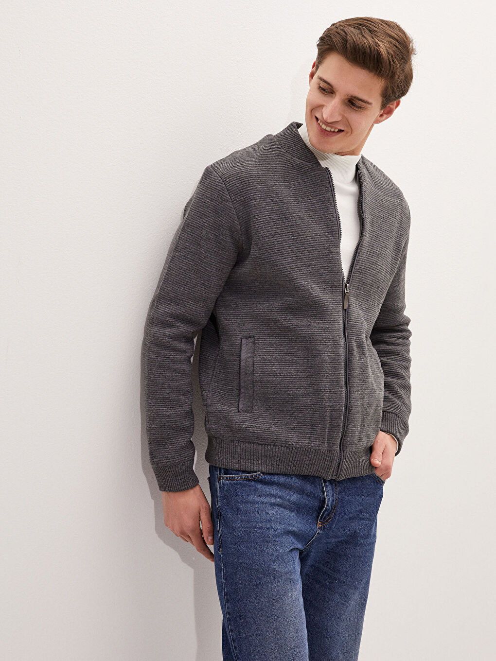 Gri Standart Kalıp Kolej Yaka Kalın Erkek Triko Hırka-1