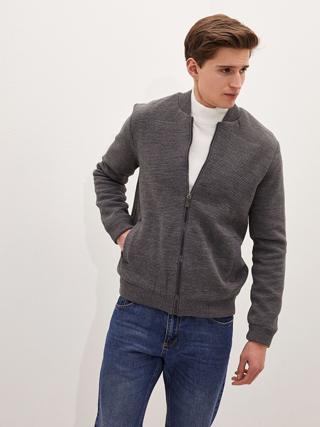 Gri Standart Kalıp Kolej Yaka Kalın Erkek Triko Hırka-2