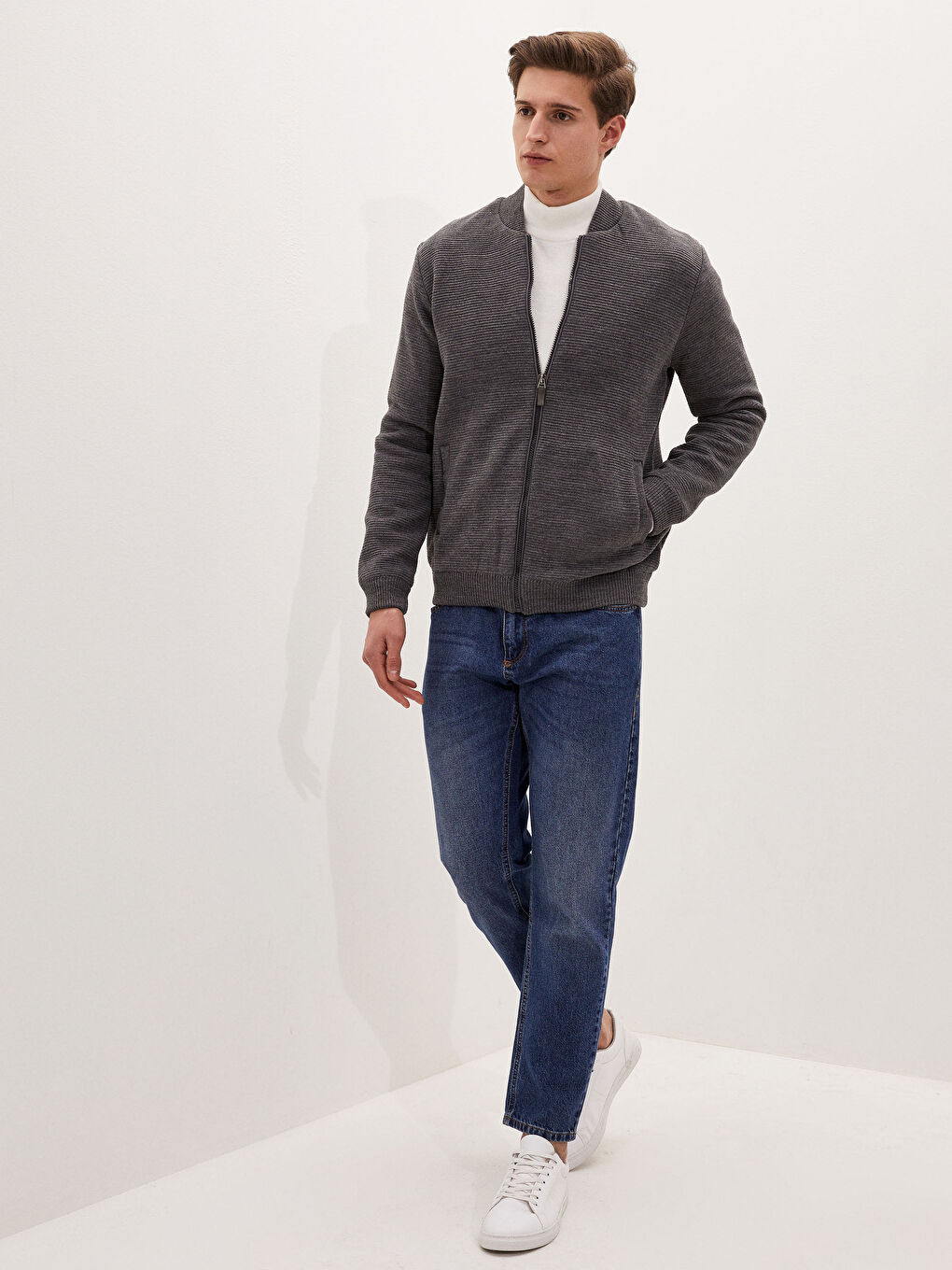 Gri Standart Kalıp Kolej Yaka Kalın Erkek Triko Hırka-3