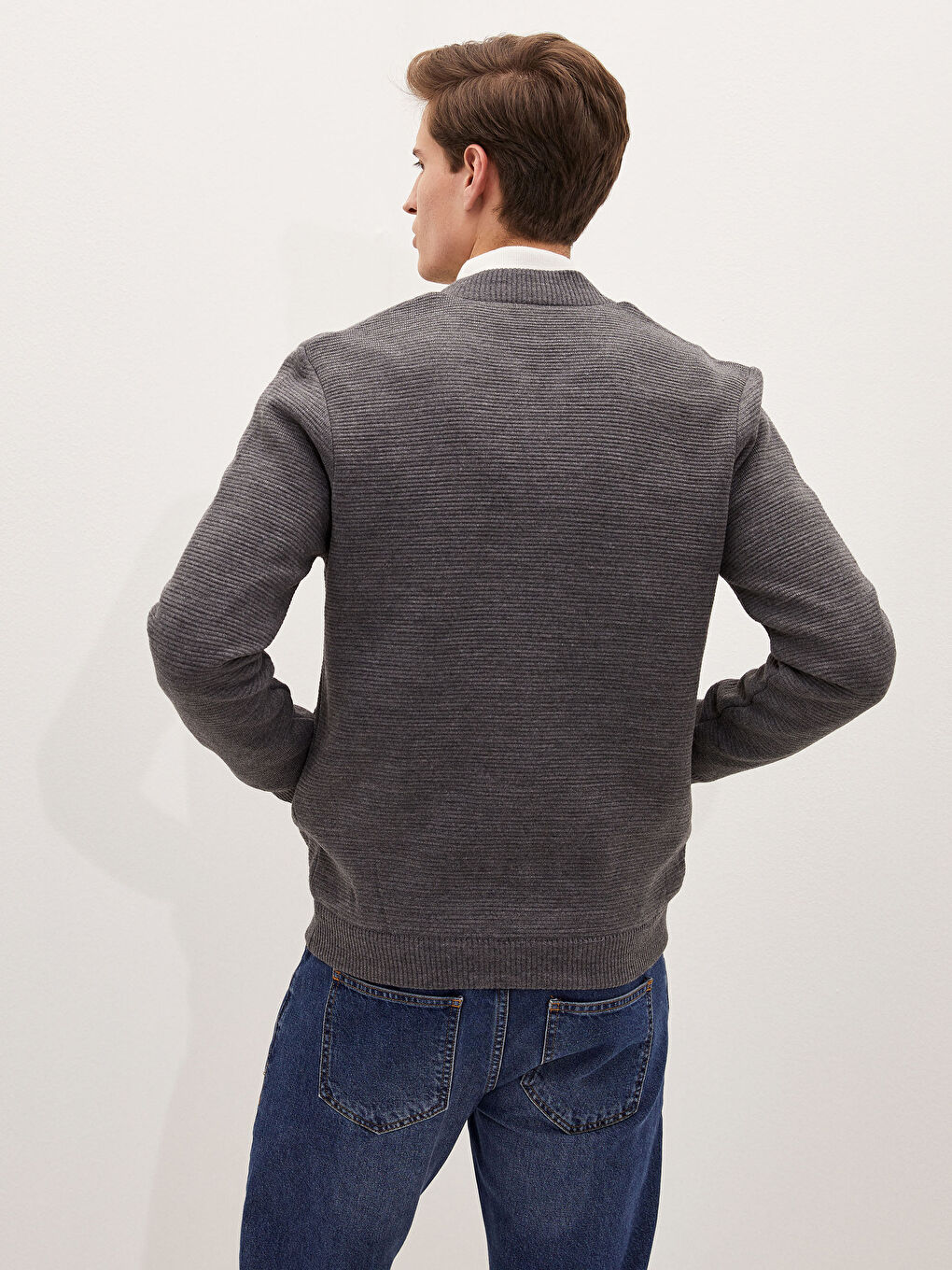 Gri Standart Kalıp Kolej Yaka Kalın Erkek Triko Hırka-4