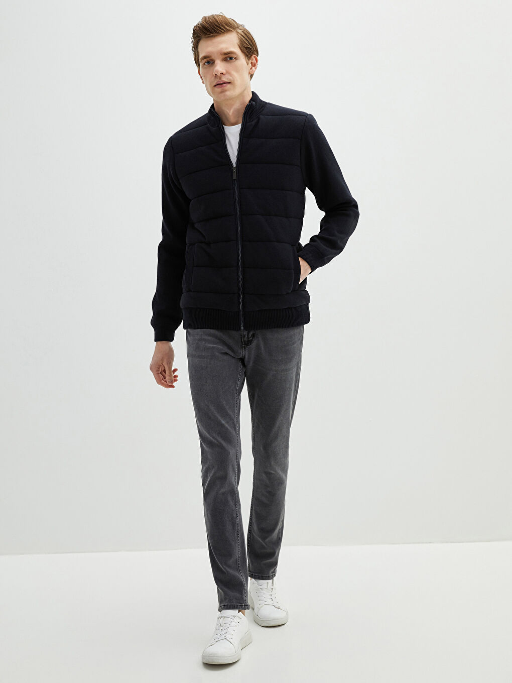 Lacivert Standart Kalıp Dik Yaka Uzun Kollu Erkek Triko Hırka-2