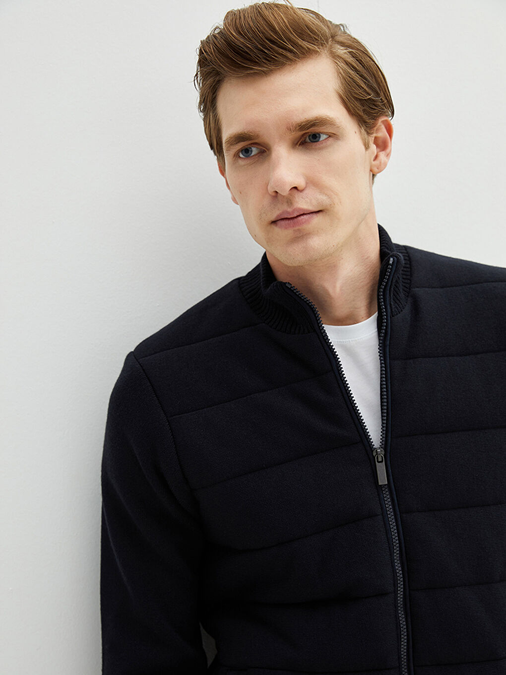 Lacivert Standart Kalıp Dik Yaka Uzun Kollu Erkek Triko Hırka-5