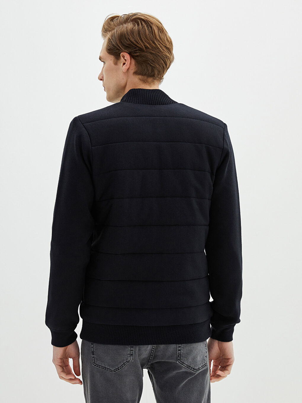 Lacivert Standart Kalıp Dik Yaka Uzun Kollu Erkek Triko Hırka-6