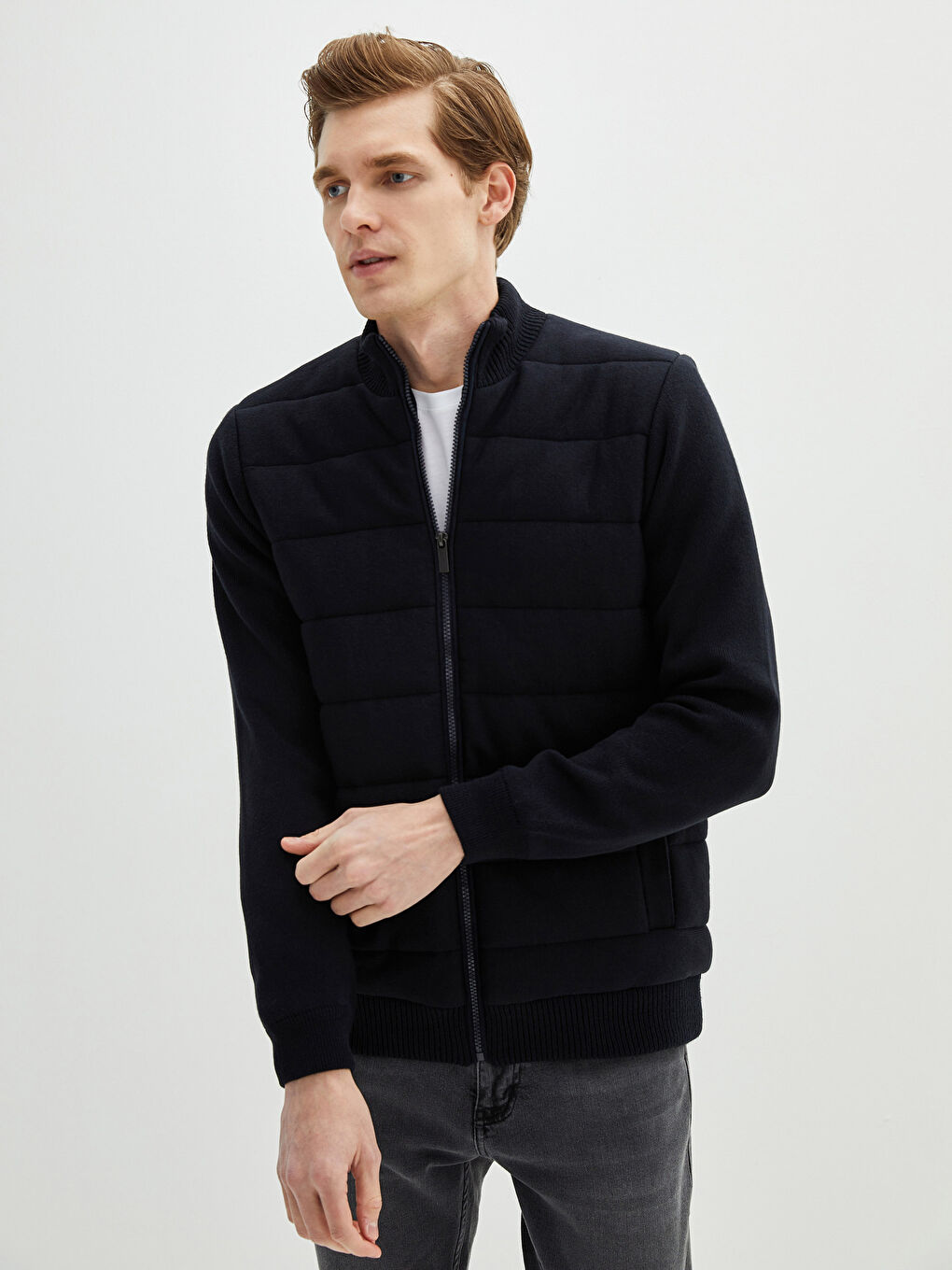 Lacivert Standart Kalıp Dik Yaka Uzun Kollu Erkek Triko Hırka