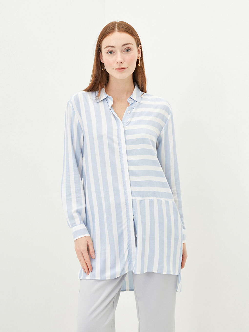 LCWAIKIKI Classic Striped Long Sleeve Viscose Women's Shirt Tunic -W16553Z8-LEN