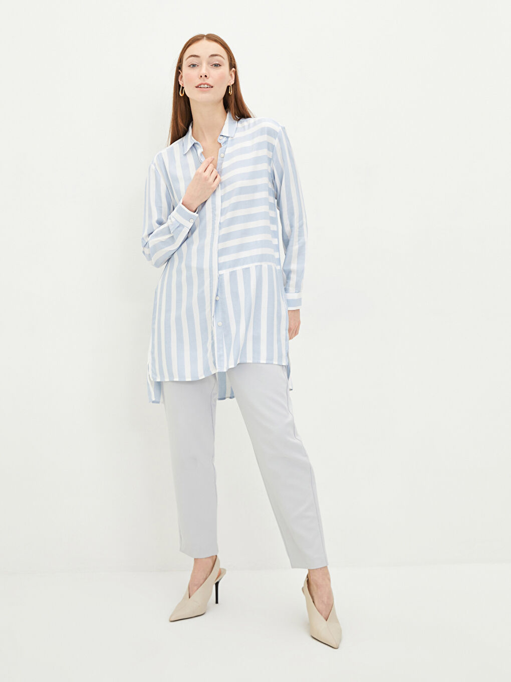 LCWAIKIKI Classic Striped Long Sleeve Viscose Women's Shirt Tunic -W16553Z8-LEN