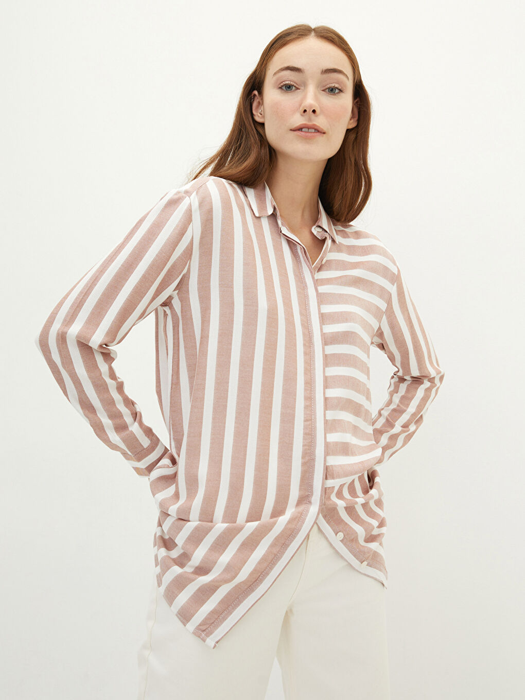 Tunique Chemise à Rayures en Viscose à Manches Longues pour Femmes