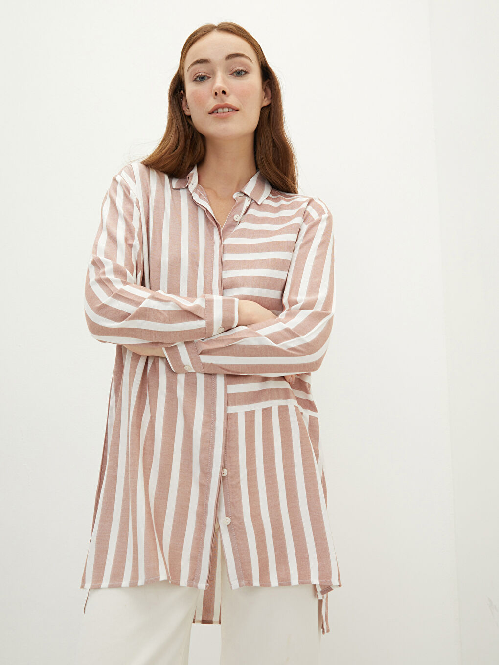 Tunique Chemise à Rayures en Viscose à Manches Longues pour Femmes-1