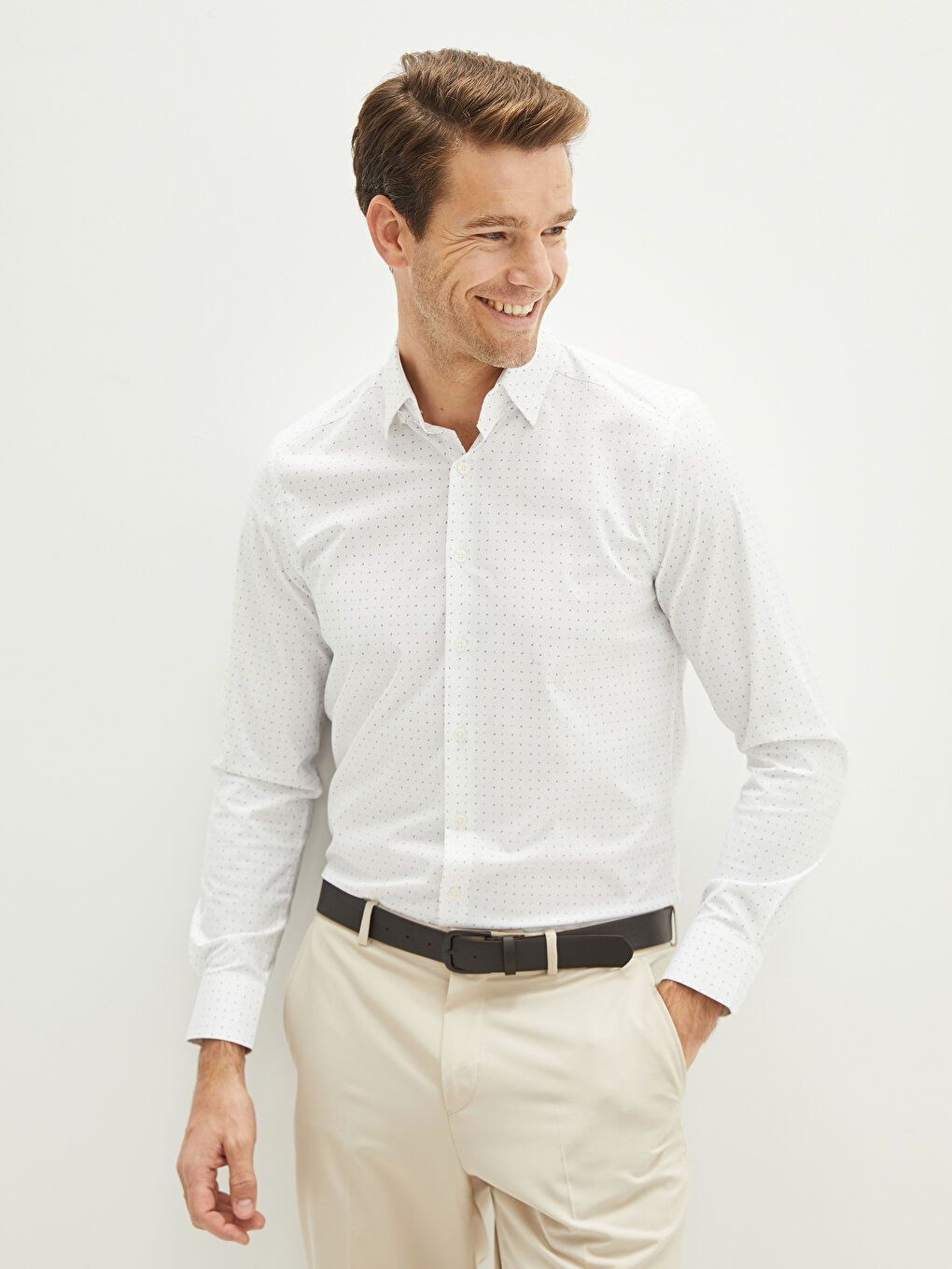 Slim Fit Long Sleeve Patterned Poplin Men's Shirt