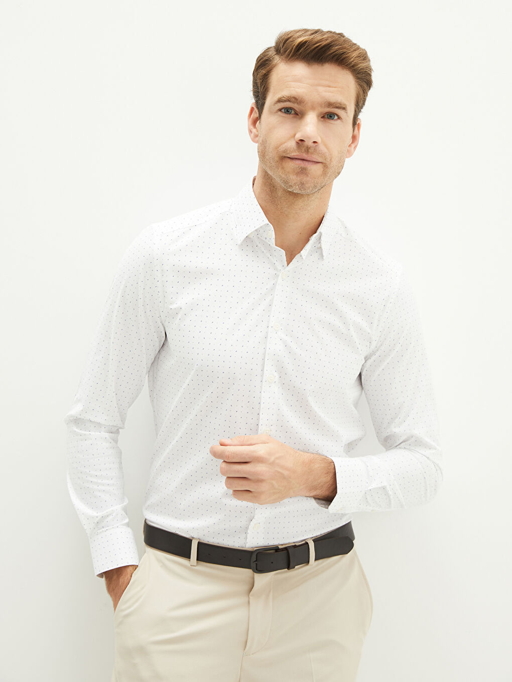 Slim Fit Long Sleeve Patterned Poplin Men's Shirt-1