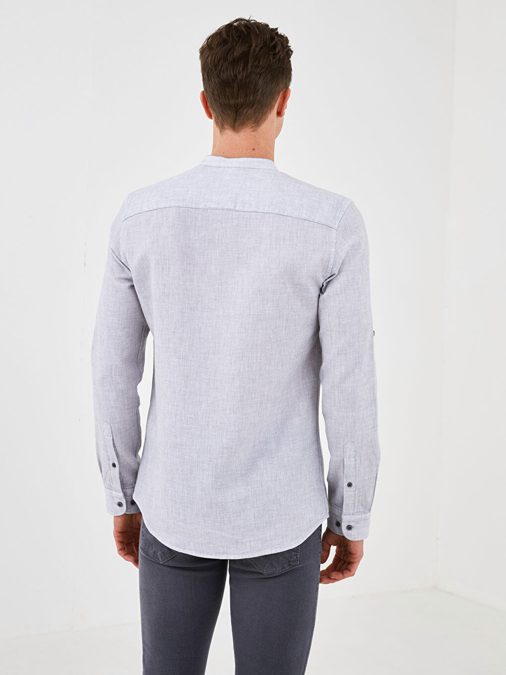 Gri Slim Fit Hakim Yaka Uzun Kollu Armürlü Erkek Gömlek-3