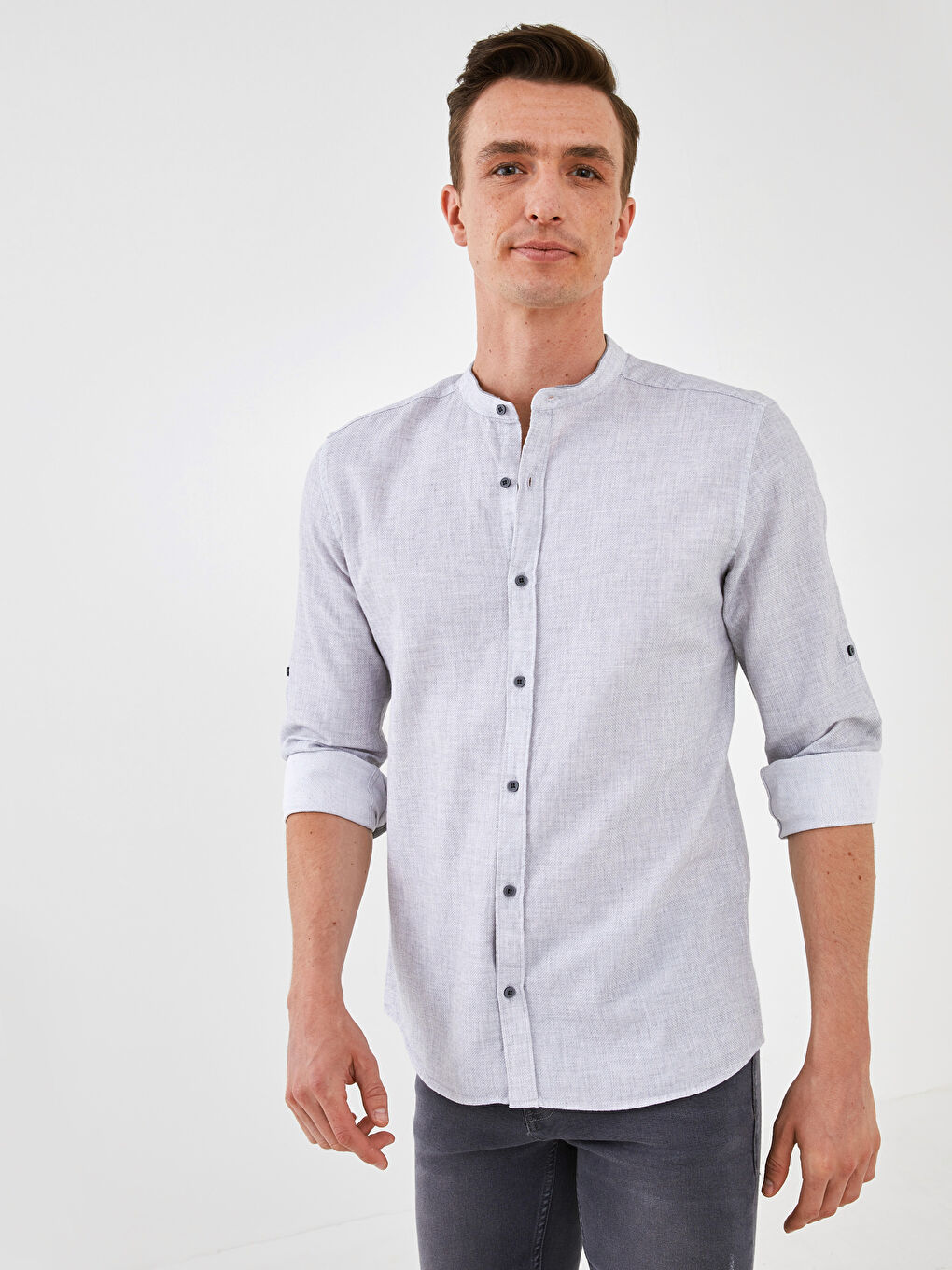 Gri Slim Fit Hakim Yaka Uzun Kollu Armürlü Erkek Gömlek