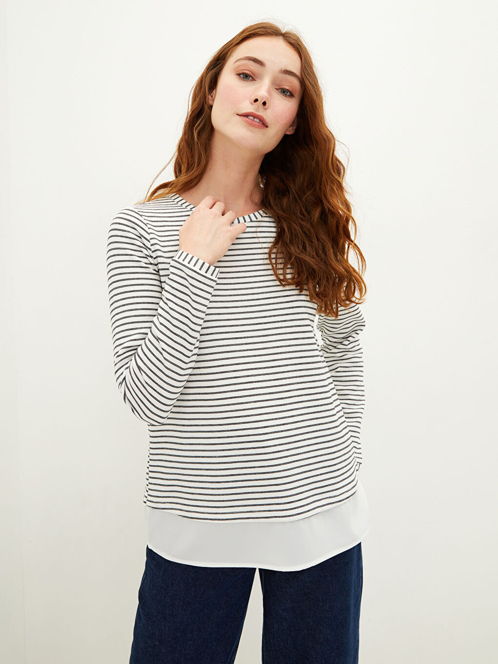 LCWAIKIKI Basic Rundhalsausschnitt Gestreift Langarm Sweatshirt für Damen -W16663Z8-FEW