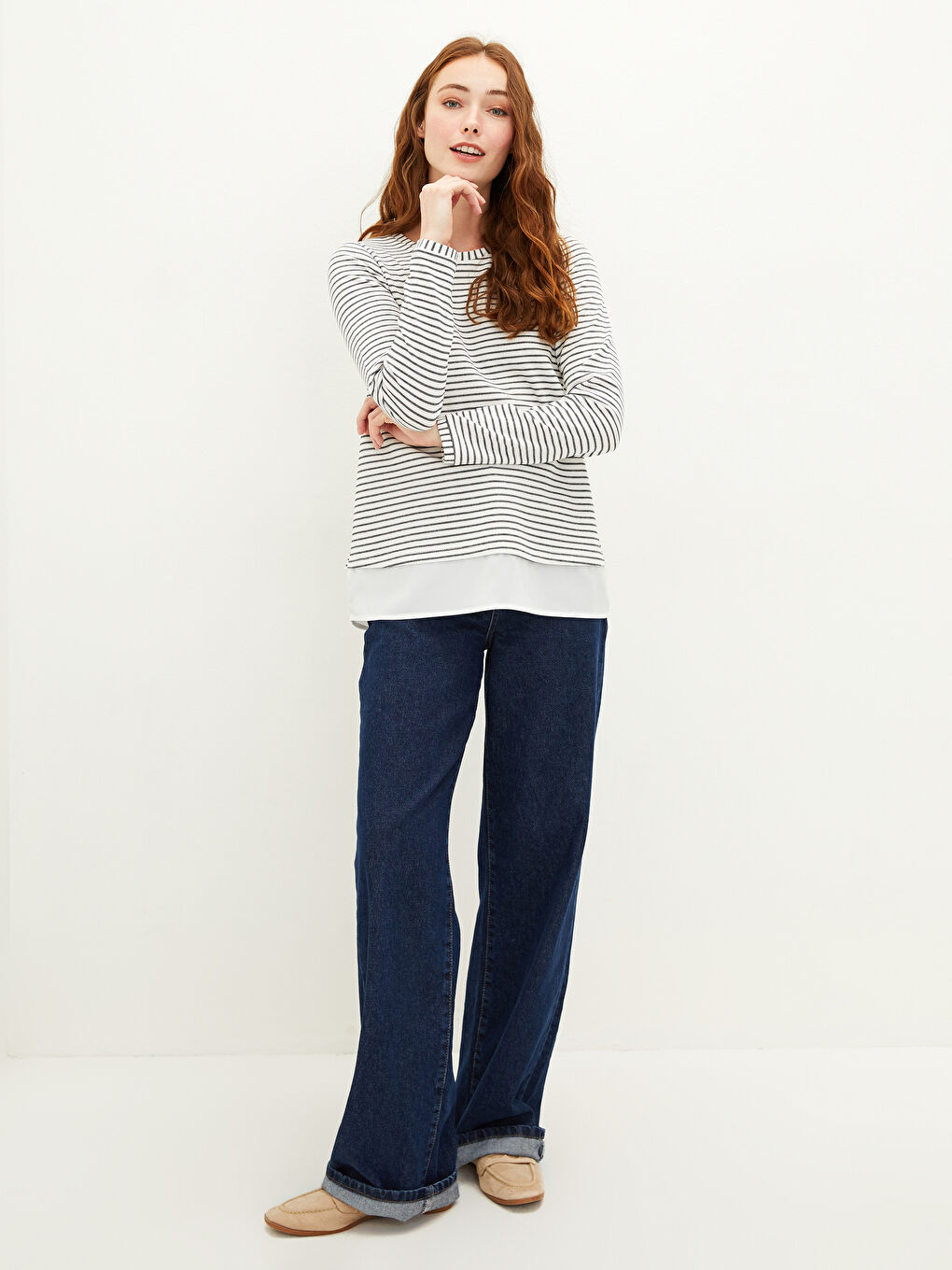 LCWAIKIKI Basic Rundhalsausschnitt Gestreift Langarm Sweatshirt für Damen -W16663Z8-FEW