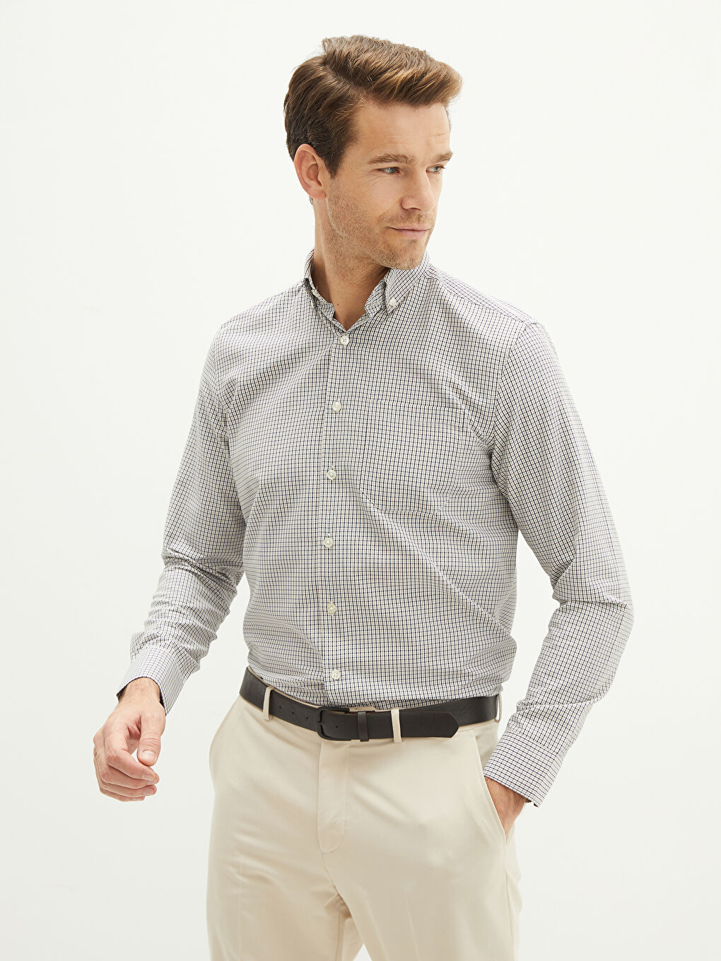 Regular Fit Long Sleeve Plaid Poplin Men's Shirt-1