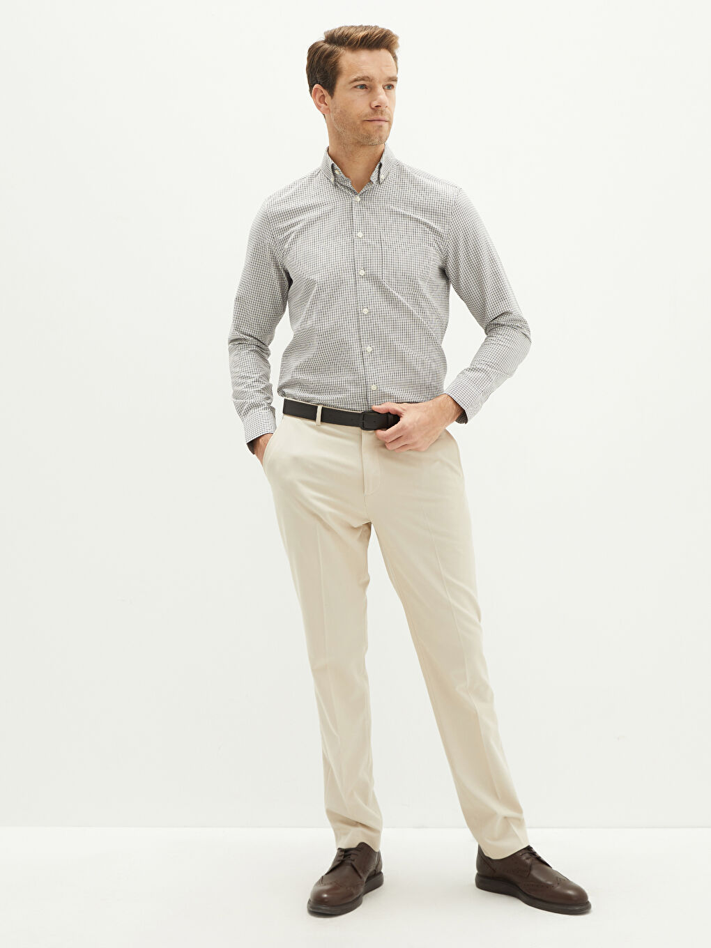 Regular Fit Long Sleeve Plaid Poplin Men's Shirt-2