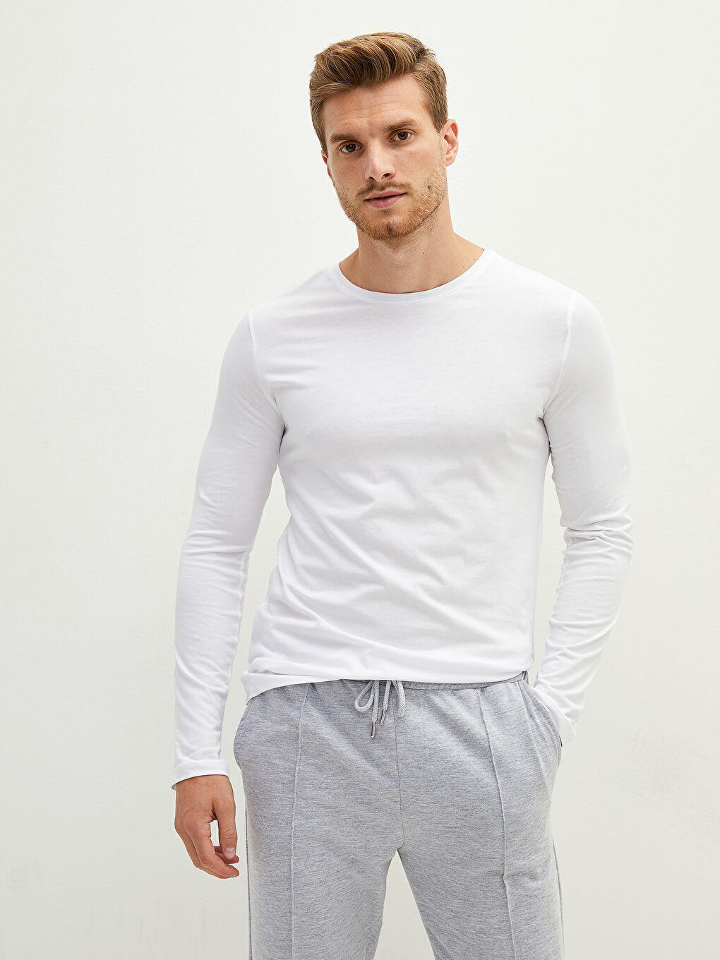 Crew Neck Long Sleeve Cotton Men's Undershirt-2