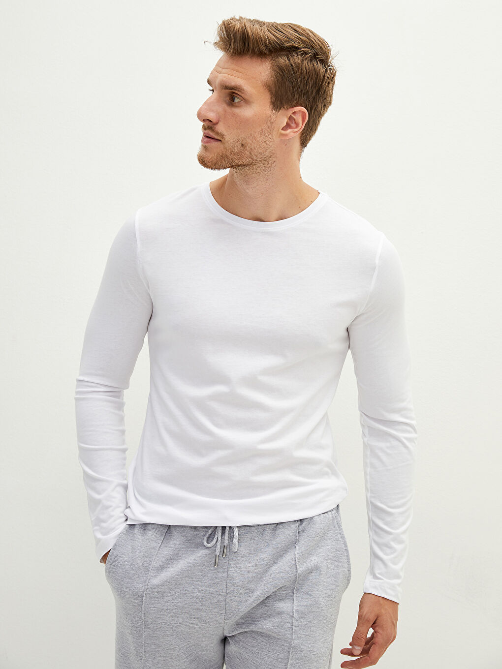 Crew Neck Long Sleeve Cotton Men's Undershirt-1