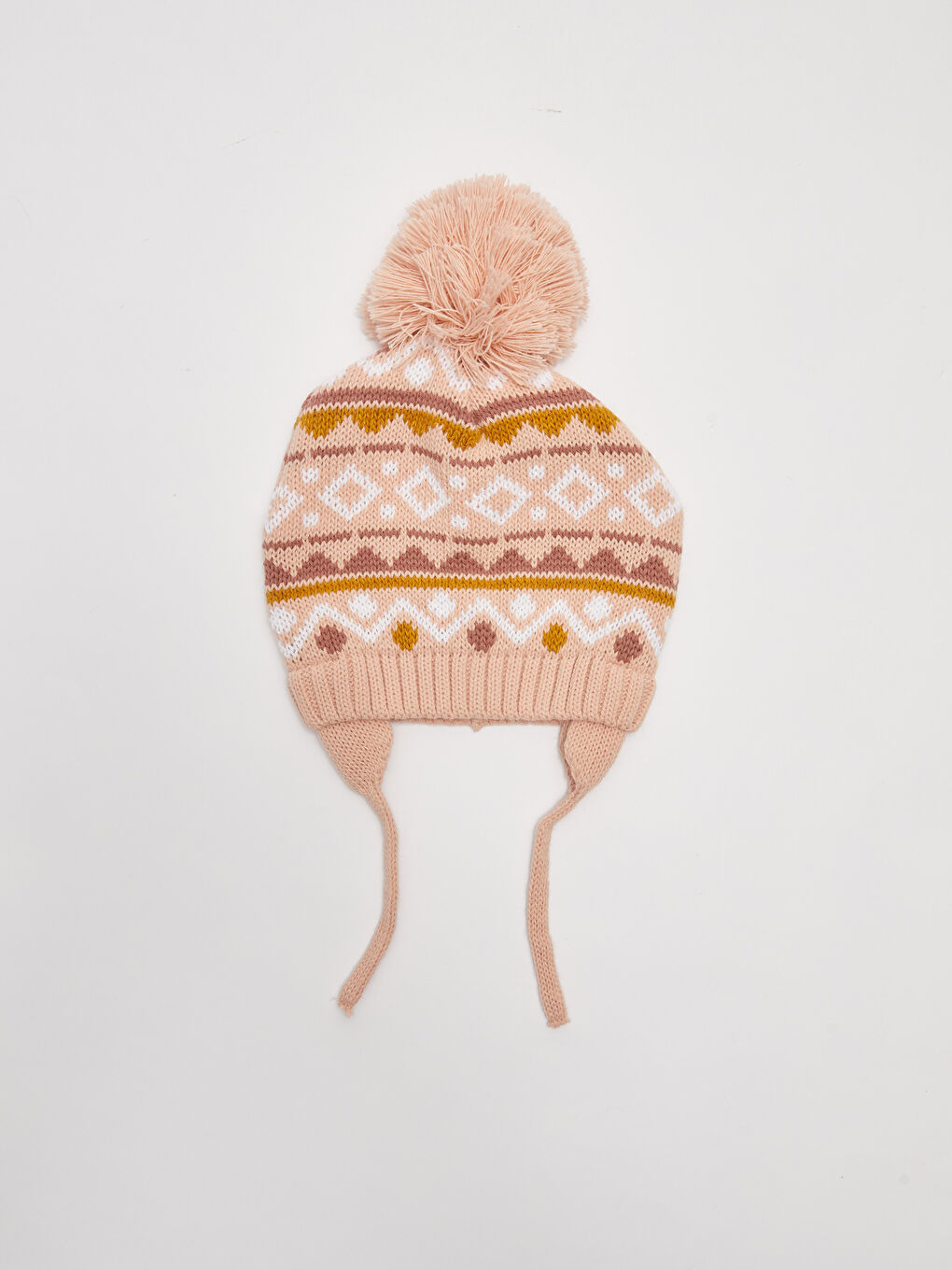 Pompom Detailed Patterned Baby Girl Tricot Beanie