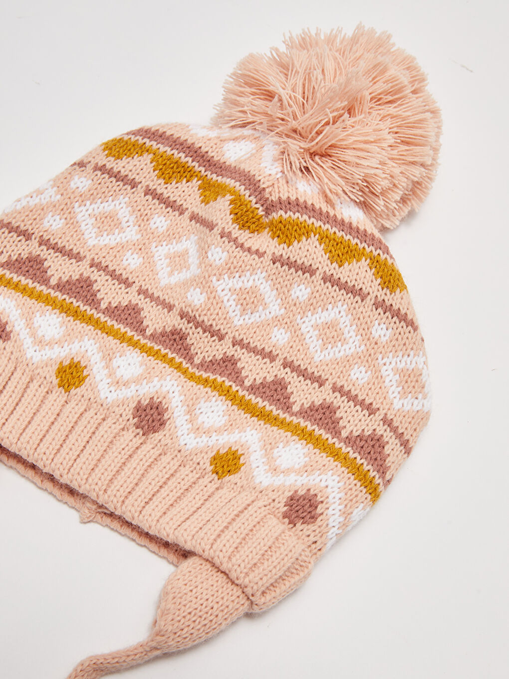 Pompom Detailed Patterned Baby Girl Tricot Beanie-1