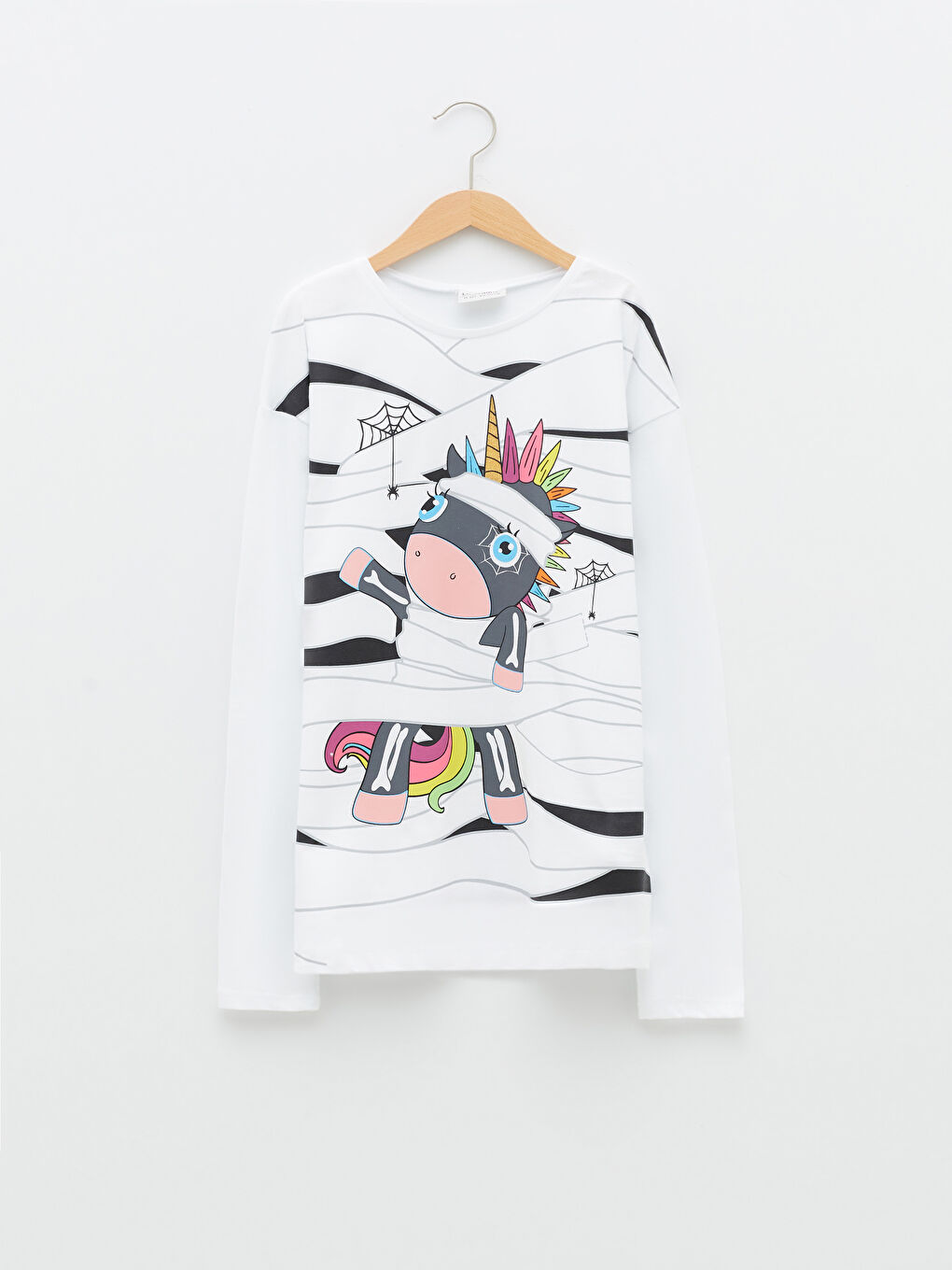 Beyaz Bisiklet Yaka Baskılı Uzun Kollu Kız Çocuk Tişört